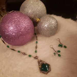 Gold Tone Faux Emerald Necklace and Earring Set